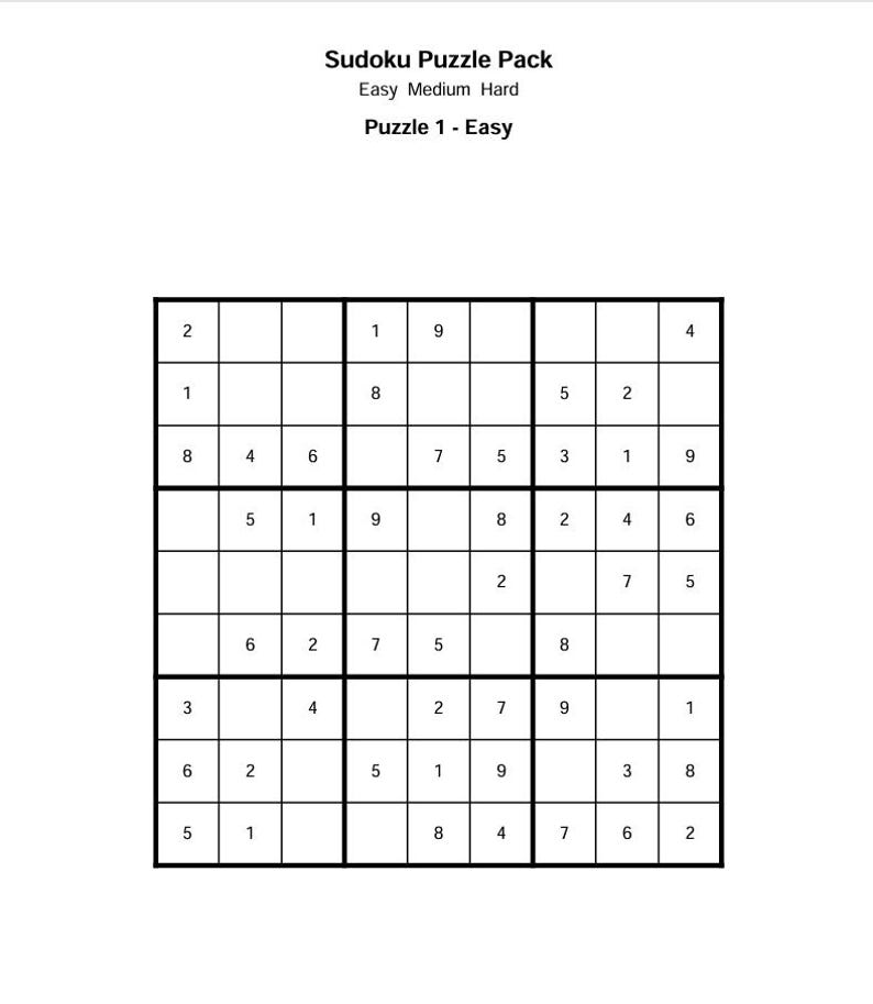 Printable Sudoku Puzzle Pack: Easy, Medium, Hard (PDF Download) image 2