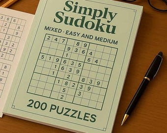 May include: A green and white "Simply Sudoku" puzzle book with the text "MIXED - EASY AND MEDIUM" and "200 PUZZLES". A black pen and eyeglasses are on a wooden surface next to the book. The book is open to a puzzle.