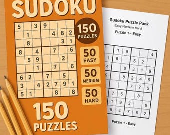 May include: An orange Sudoku puzzle book with the word "SUDOKU" in large letters. The book contains 150 puzzles, with 50 easy, 50 medium, and 50 hard puzzles. A sheet of paper with a Sudoku puzzle and pencils are also visible.