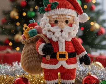 May include: A crocheted Santa Claus figure in a red suit, black boots, and a white beard, holding a sack of colorful gifts. The figure is decorated with holly and a gold belt buckle. Christmas ornaments and a tree are in the background.