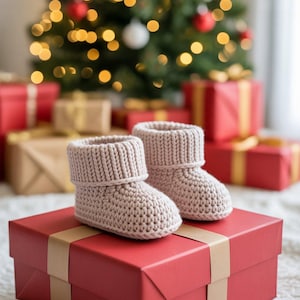 Può includere: Un paio di stivaletti per neonati lavorati a maglia beige con polsini ripiegati, appoggiati su una scatola regalo rossa con un nastro dorato. Un albero di Natale con luci scintillanti e regali confezionati sullo sfondo.