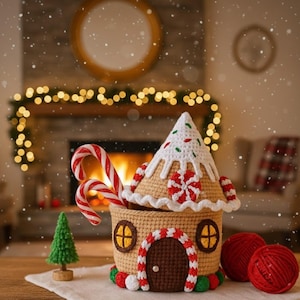 May include: A festive crocheted gingerbread house with a candy cane design. The house features a white roof with red and green sprinkles, and a red and white striped door. Two red and white candy canes are placed inside the house.
