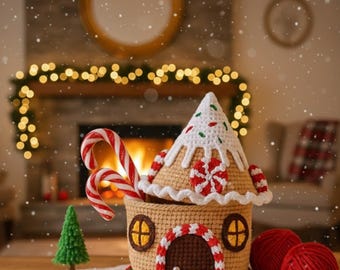 May include: A festive crocheted gingerbread house with a candy cane design. The house features a white roof with red and green sprinkles, and a red and white striped door. Two red and white candy canes are placed inside the house.