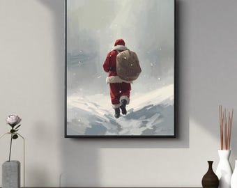 Arte murale natalizia vintage stampabile, arte murale con paesaggio invernale innevato, arte stampabile e scaricabile di Babbo Natale, arte digitale scaricabile