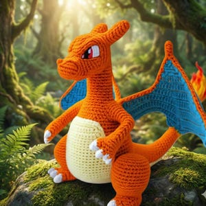 Può includere: Un drago arancione all'uncinetto con ali blu, dettagli bianchi e pancia color crema. Il drago ha occhi rossi e una fiamma alla fine della coda. Il peluche fatto a mano è seduto su una roccia muschiosa in un ambiente forestale.