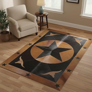 May include: Rectangular area rug with a star and longhorn design. The rug features a large star in the center, surrounded by a circle and a black background. The border and star circle are brown, with black stars and longhorn silhouettes.