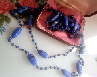 Antique Art Deco Long Lavender Blue End of Day Glass Bead Necklace - Flapper Girl