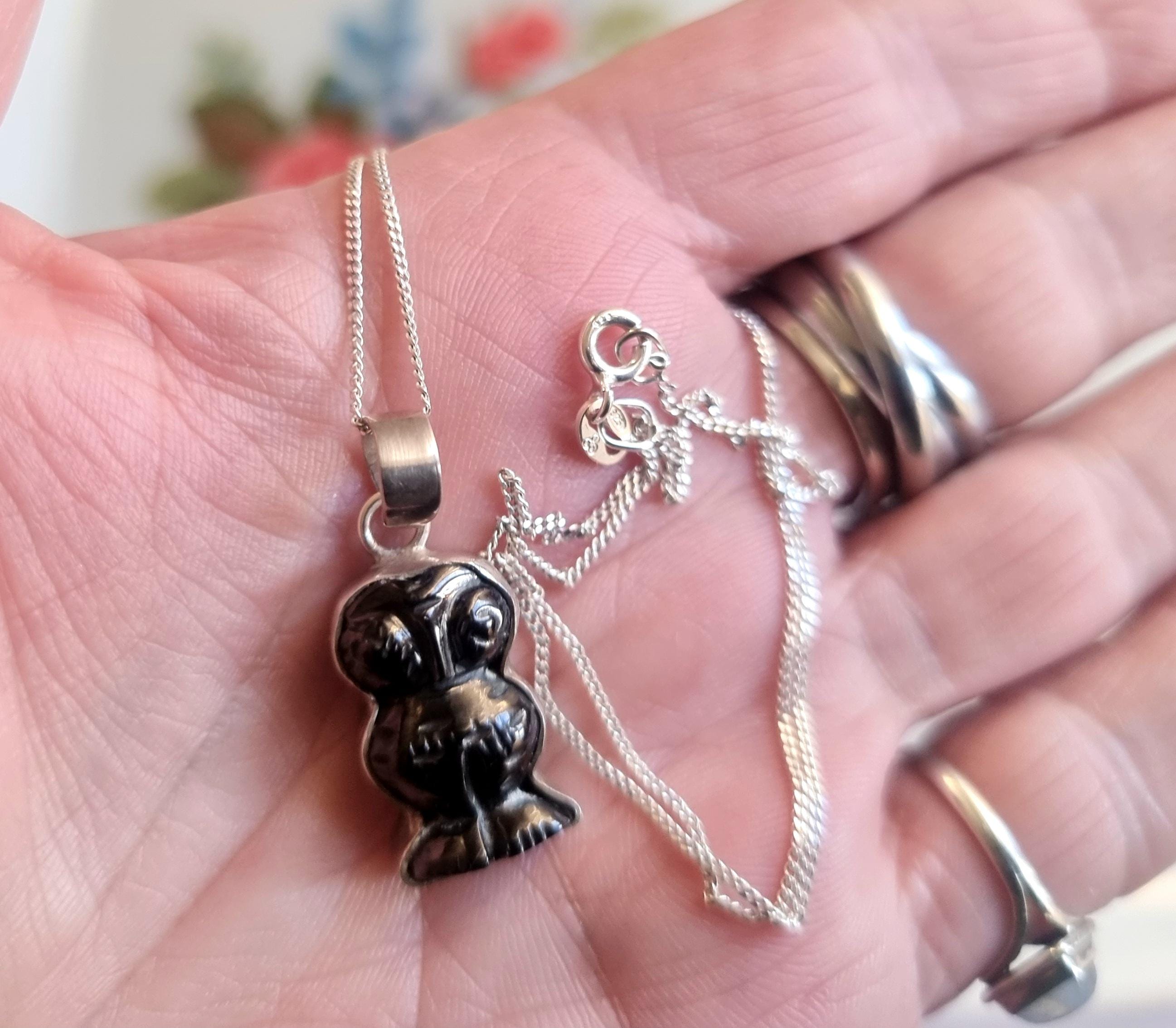 Obsidian Owl Necklace - sterling silver bezel set.