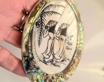 VIETNAM abalone compact mirror - rare find oval folding mirror.