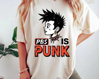 PBS Is Punk T-Shirt | Funny Retro Punk Rock Parody Tee with Spiky Hair & Safety Pins | Public Broadcasting Defender Shirt for Rebels