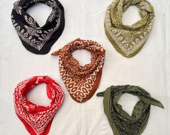 Organic Cotton Bandana Set of 5 Block Printed Paisley Scarf, Sustainable Boho Fashion Neckerchief, Handkerchief Bikers Giftt Cotton Bandanas