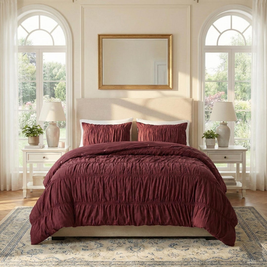 Wrinkled Duvet Cover Set – Burgundy Wine Boho Bedding, Soft Textured ...