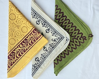 Set of 3 Pieces Handmade Organic Cotton Bandanas - Boho Hair Scarf Hand Block Print Bandana Set, Necktie made with natural colors gift item.