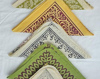 Set of 5 Organic Cotton Bandanas: Vintage Block Print Head Wraps Hand Block Print Bandana Set, Necktie made with natural colors gift item
