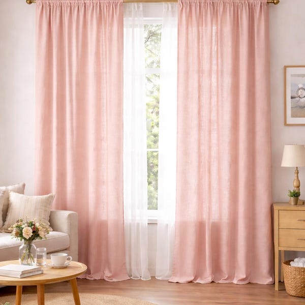 Blush Pink Linen Curtain Rod Pocket With Back Side Tab Soft Washed Linen Look Bedroom Living Room Window Treatment Modern Minimal Home Decor
