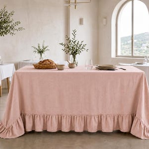 Blush Pink Ruffle Tablecloth – Soft Linen-Look Rectangular Table Cover with Elegant Gathered Skirt, Romantic Farmhouse Dining Room Decor .