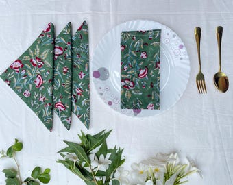 Green 100 Pcs Block Printed Napkin Cotton Napkins Hand Block Wedding Napkin Eco/Earth Friendly Reusable Napkins Table Cloth Boho Napkins