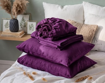 Plum 4 Piece Linen Sheet Set  (1 Fitted Sheet 1 Flat Sheet 2 Pillowcases) Soft Breathable & Washed Linen Bed Sheets