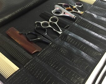 Hairstylist's Tool Roll/Case in Beautiful Black Faux Alligator