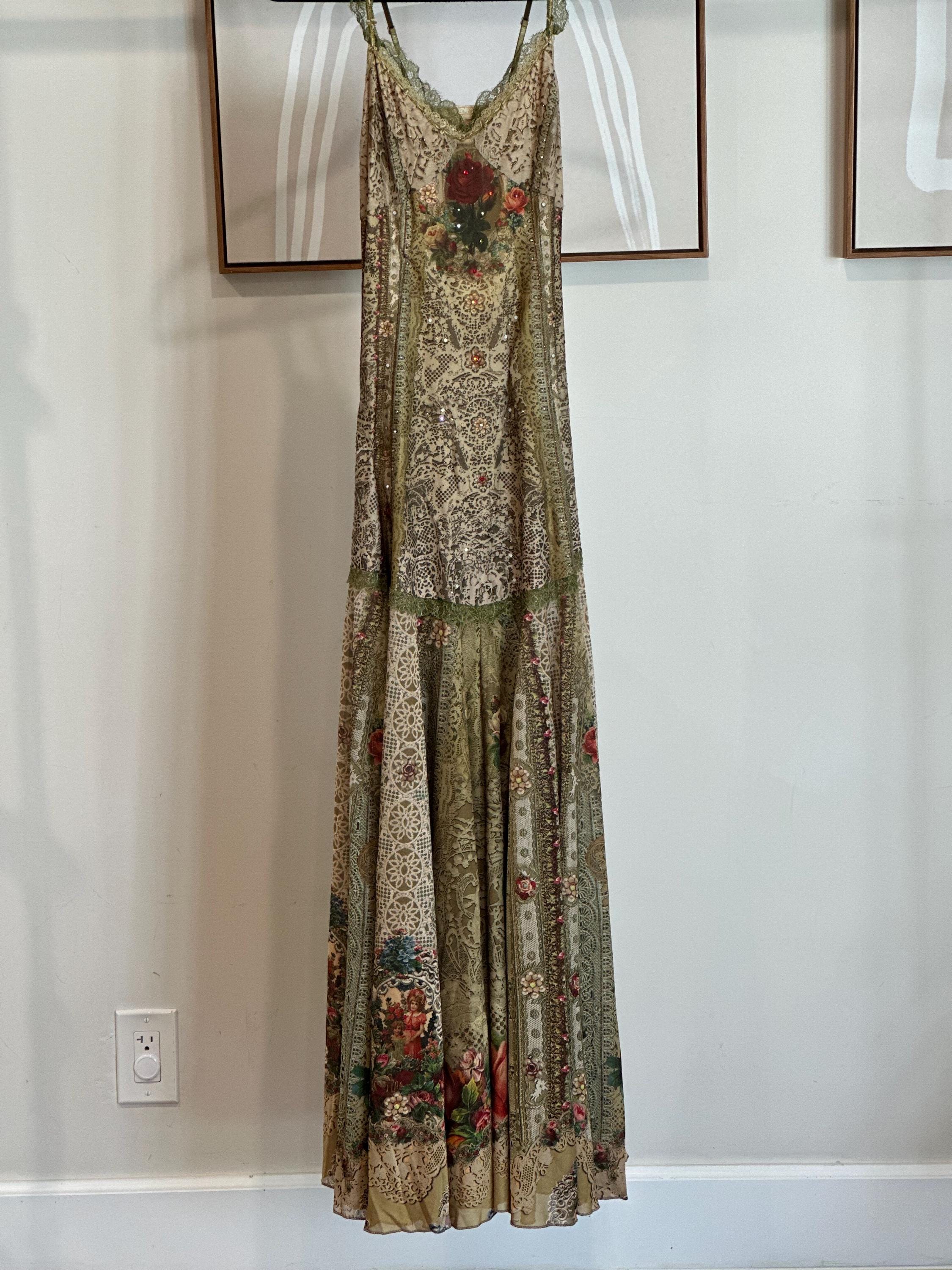 Michal Negrin ❤️花柄ノースリーブマキシワンピース　キラキラ石【M】 Michal Negrin Floral Olive Color Maxi Dress With Swarovski