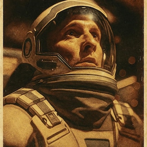 May include: Vintage-style poster featuring a close-up of an astronaut in a space helmet. The astronaut looks upward with a determined expression. The poster has text at the top: "MANKIND WAS BORN ON EARTH. IT WAS NEVER MEANT TO DIE HERE."