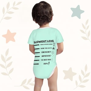 May include: A light blue baby onesie with the text "BLOWOUT LEVEL" and a scale indicating different levels of messiness. The text includes "WORLD RECORD BLOWOUT", "BURN THIS OUTFIT", "EMERGENCY!", "IMPRESSIVE+", "TOO MUCH MILK", and "OOPS!".