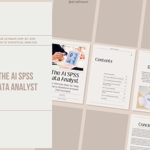 May include: A beige book cover with the title "THE AI SPSS DATA ANALYST" and the subtitle "YOUR ULTIMATE STEP-BY-STEP GUIDE TO STATISTICAL ANALYSIS." The image also shows pages with the titles "The AI SPSS Data Analyst", "Contents", and "Product Description".