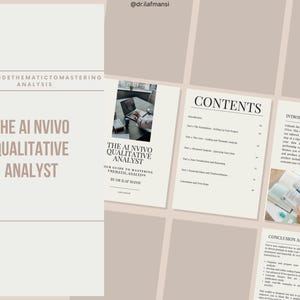 Puede incluir: Una portada de libro y varias páginas abiertas con texto. La portada del libro dice "THE AI NVIVO QUALITATIVE ANALYST" y "YOURGUIDETHEMATICTOMASTERING ANALYSIS". Las páginas abiertas muestran un índice y una introducción.