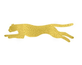 May include: A gold cheetah silhouette with a spotted pattern, running to the right.