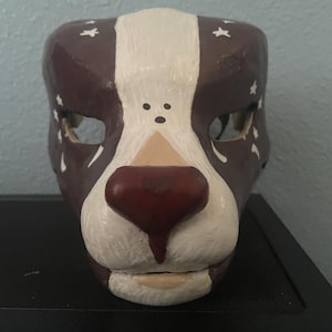 May include: A brown and white animal mask featuring a prominent dark brown nose, a white stripe running down the centre of the face, and small white star patterns painted across the brown sections. The mask has two eye openings and a small mouth area.