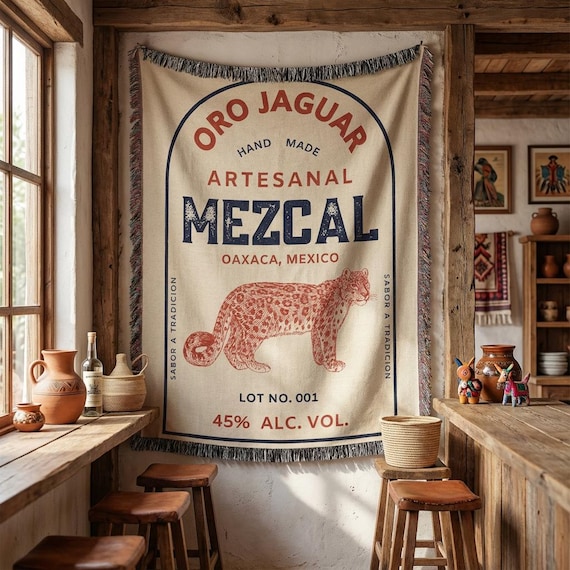 Mexican Mezcal Label Woven Blanket - Oro Jaguar Oaxaca Heritage