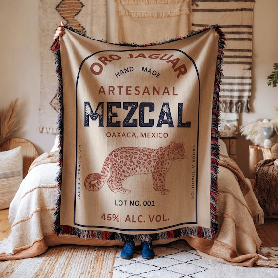 Mexican Mezcal Label Woven Blanket - Oro Jaguar Oaxaca Heritage