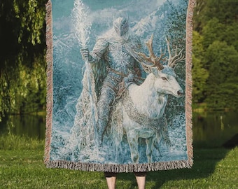 Elven King Woven Blanket, Fantasy Wall Tapestry, Bookish Room Decor, White Stag Cozy Throw, Gift for Book Lover, Reading Nook Decor