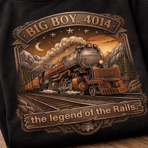 May include: Black t-shirt featuring a vintage illustration of a steam train, labeled "BIG BOY. 4014" above and "the legend of the Rails" below. The design includes a mountain landscape, stars, and a crescent moon.