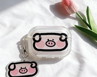 Funda para AirPods con diseño de dibujos animados en rosa, transparente con estampado de cerdo, kawaii con llavero, compatible con AirPods 1, 2, 3, 4, Pro, Pro 2 y Pro 3.