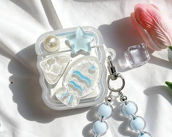 Cartoon Fish Airpods Cover, Clear Pearl Decor Airpods Case, Cute Blue Beaded Chain AirPod Case Cover, Case for AirPods1,2,3,4,Pro,Pro 2,Pro3