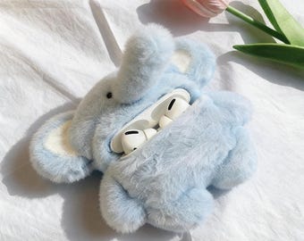 Schattige pluizige olifant Airpods-hoesje, lichtblauwe Airpods-hoesje, Cartoon AirPod-hoesje, AirPod-hoesje, hoesje voor AirPods 1,2,3,4,Pro, Pro 2,Pro 3