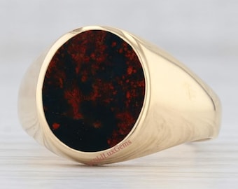 Anillo de sello de piedra de sangre: Plata de ley bañada en oro, piedra preciosa unisex