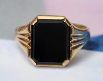 Pierścień sygnetowy unisex z czarnego onyksu, srebro próby 925, żółte złoto, biżuteria vermeil, prezent