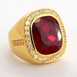 May include: A gold-toned ring featuring a large, rectangular, deep red gemstone. The gemstone is surrounded by a row of small, clear stones. Additional small stones are set on the ring's band. The ring has a polished finish.