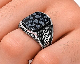 Herenzegelring sneeuwvlokobsidiaan, 925 sterlingzilver, gotische statementsieraden