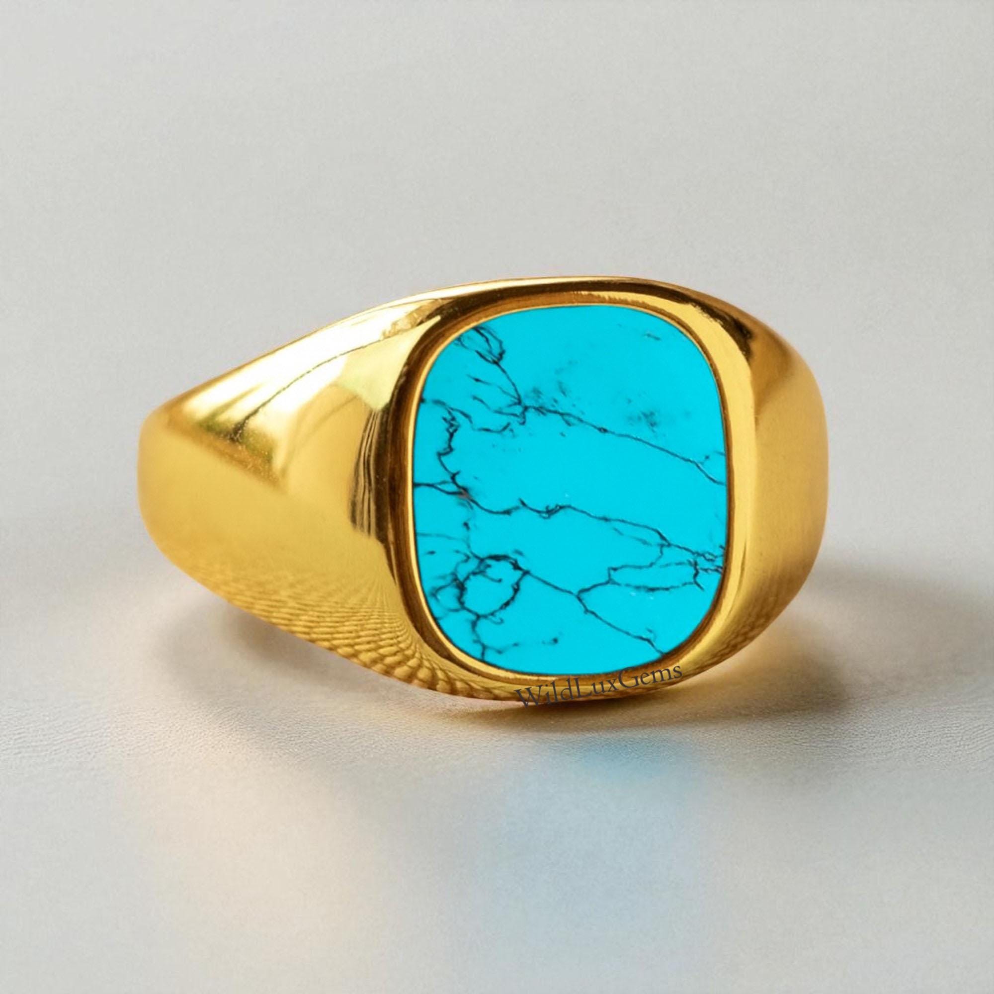 Men's Turquoise Signet Ring - Gold Stainless Steel With CZ Diamonds, Sizes 6-12