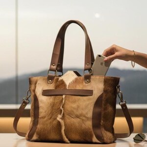 Handmade Axis Deer Hide Tote Bag | Hair-on-Hide Leather Shopper | Cross body bag