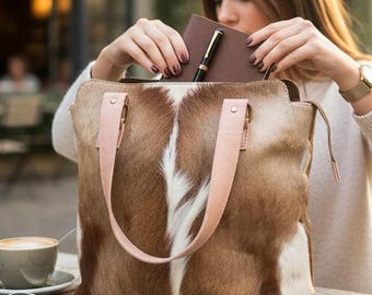 Handgefertigte axis Hirsch Fell Einkaufstasche | Hair-on-Hide Shopper aus Leder
