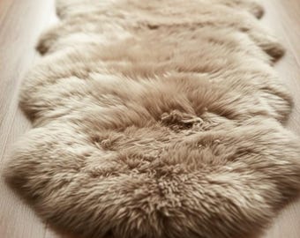 Taupe Sheepskin Rug – Natural Long Wool, Scandinavian Decor