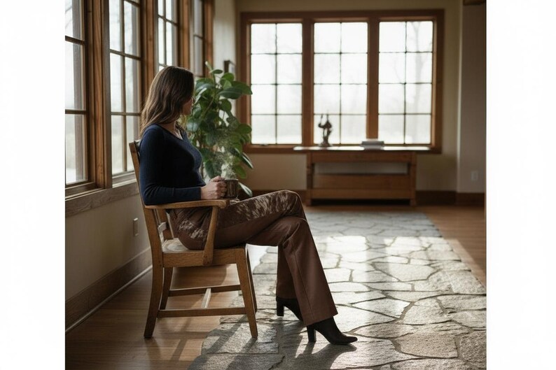 May include: A woman sits in a wooden chair, wearing a dark blue long-sleeve shirt and brown pants. She holds a mug, looking out a large window. The room has hardwood floors and a stone-patterned rug.