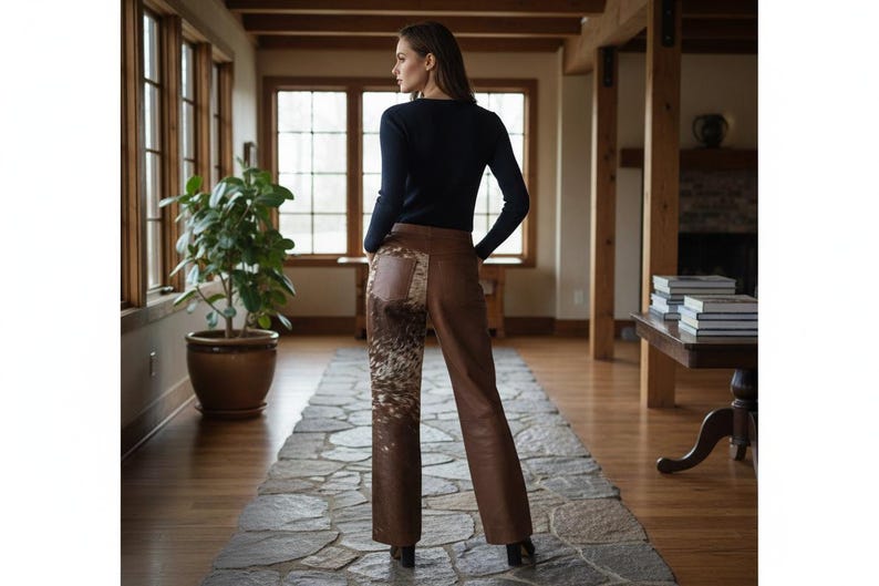 May include: A woman wearing a black long-sleeve shirt and brown leather pants. The pants have a decorative patch with a patterned design. The woman is standing in a room with a stone floor and large windows.