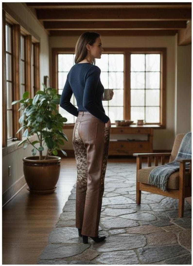 May include: A woman wearing a navy blue long-sleeve shirt and brown leather pants with a patterned design on the back. She is holding a white mug. The setting is a well-lit room with large windows and a stone floor.