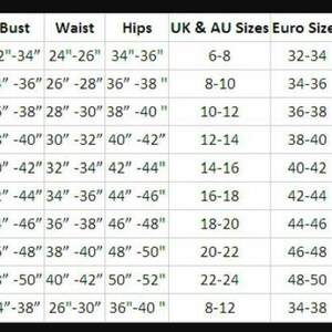 May include: A size chart with measurements for bust, waist, and hips in inches, along with corresponding UK, Euro, and USA sizes. Sizes range from Small to 6XL, plus OS (One Size). The chart is on a white background.