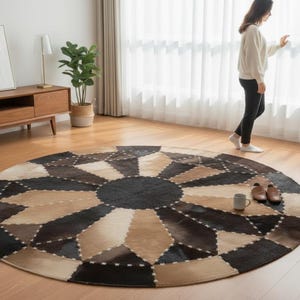 May include: A large, round area rug with a geometric pattern in shades of black, brown, and beige. The rug is placed on a hardwood floor. A person is standing near a window.